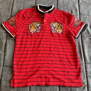 Switch Remarkable Red Striped Polo Shirt with Tiger Embroidery like Ed Hardy